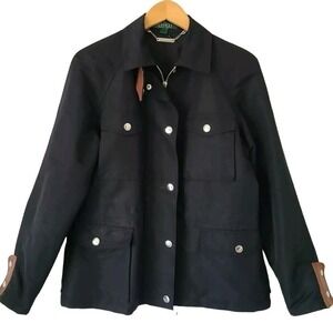 Lauren Ralph Lauren Petite Black Field Jacket Lamb Leather Trim Utility Coat P/P